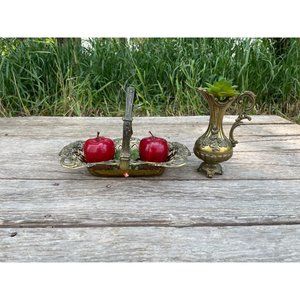 Vintage 1960s Italy Brass Pitcher Vase /Basket  Set Ornate Floral